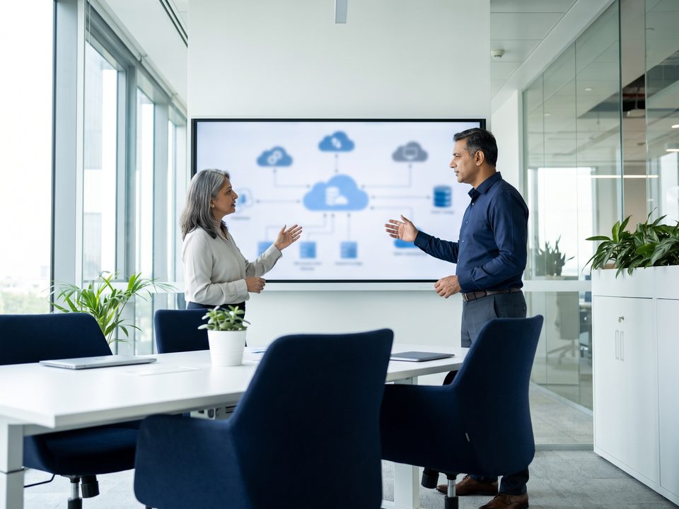 Consultants collaborating at a screen showing a cloud architecture diagram