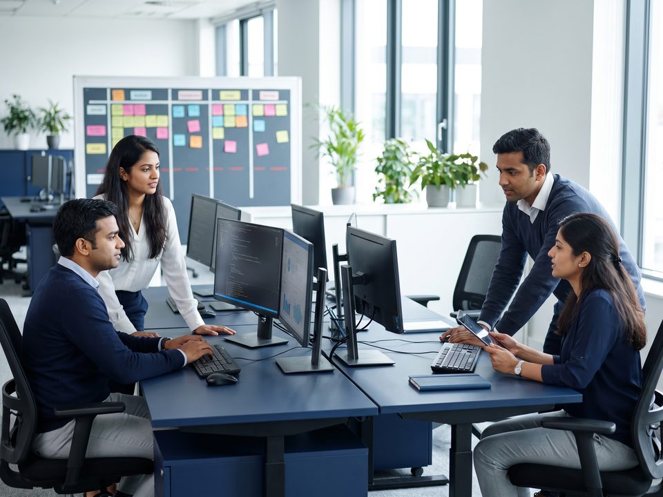 A pod of engineers working together in an open-plan office