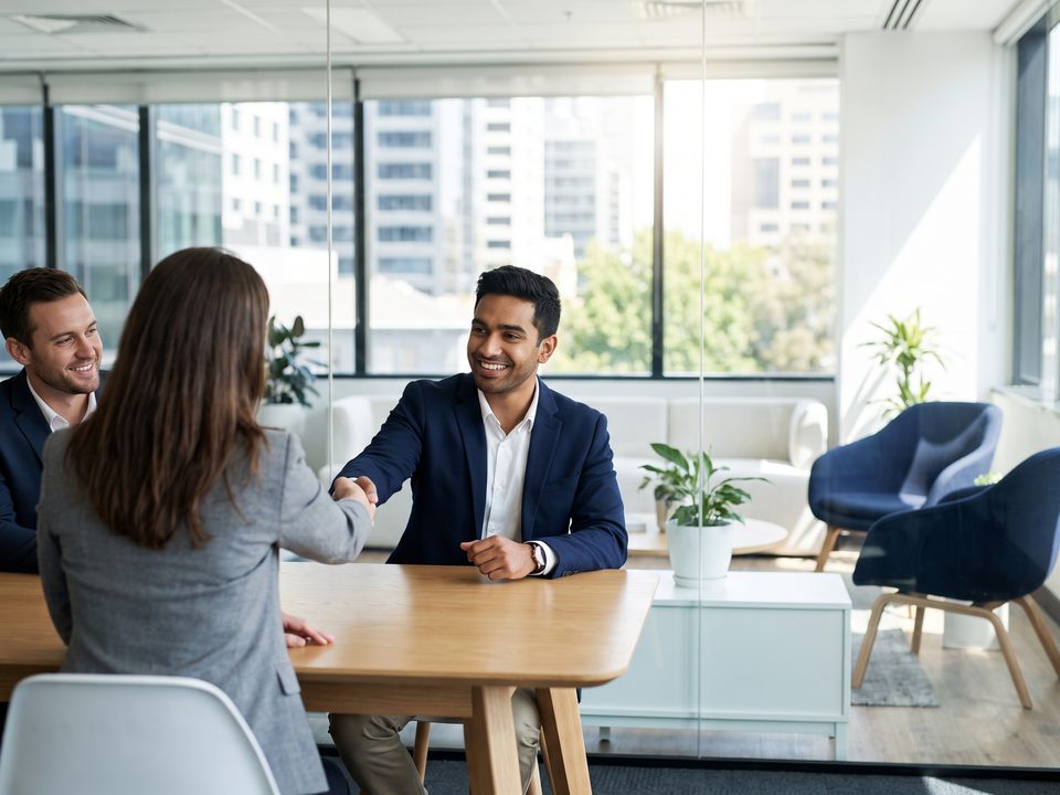 A candidate in a friendly professional interview
