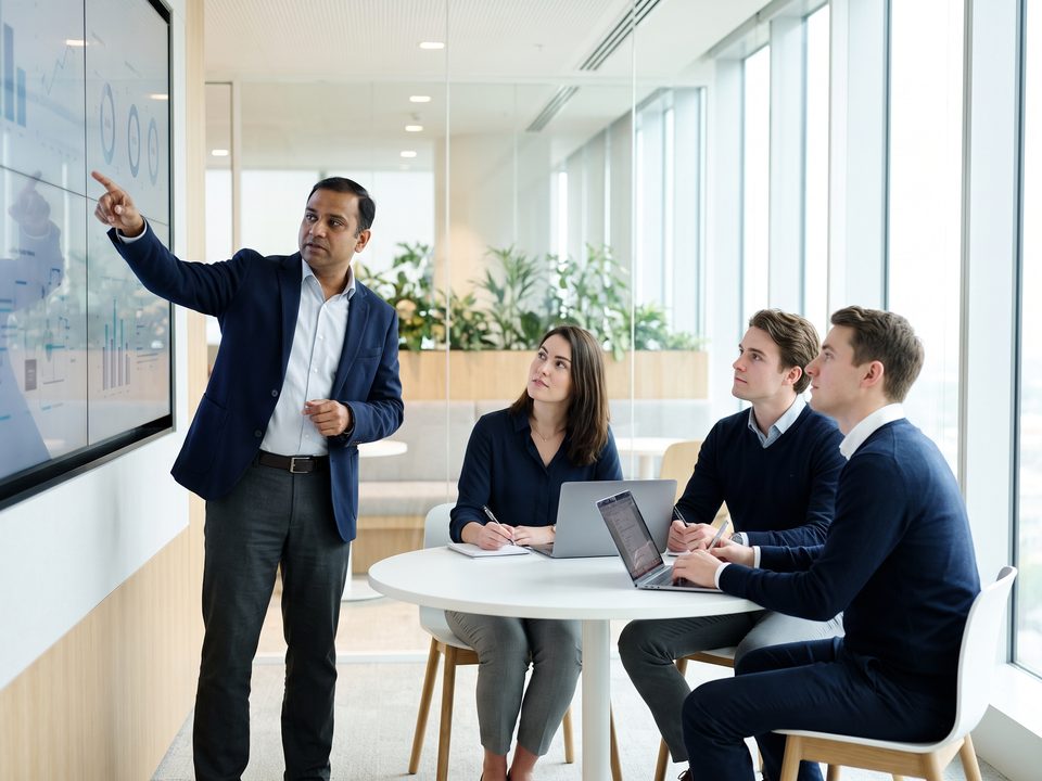 An instructor teaching a small cohort in a modern classroom